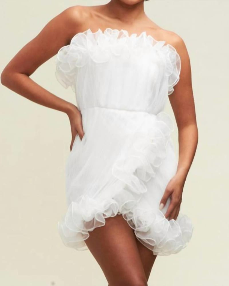 Front of a model wearing a size L Strapless Mini Dress in White in White by LUXXEL. | dia_product_style_image_id:339948
